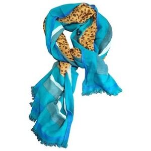 Tory Burch Scarf Teal Blue Leopard Print Stripe Frayed Edges